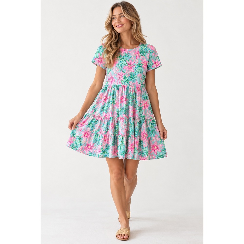 Lilly Pulitzer Sea Turtle Soiree Tiered Cotton Knit Dress Pink Aqua XS
